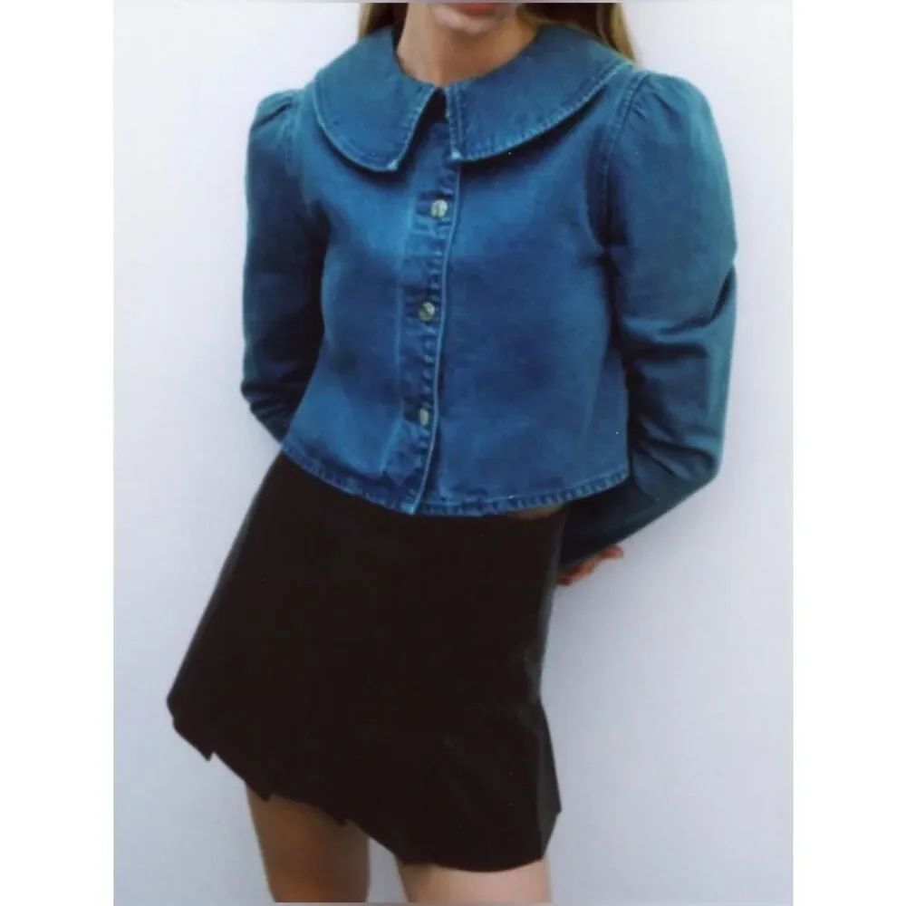 Zara Green Cropped Denim Button Down Jacket(Size Small)
